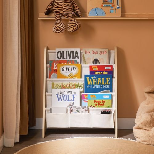 Bibliothèque Enfant 4 Compartiments Et 3 Poches, Étagère De Rangement 63x28x76 Cm