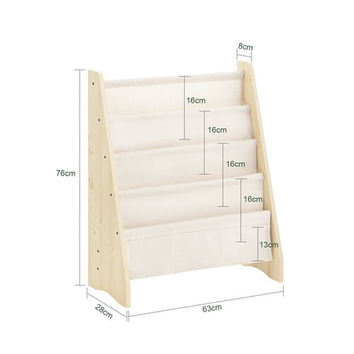 Bibliothèque Enfant 4 Compartiments Et 3 Poches, Étagère De Rangement 63x28x76 Cm