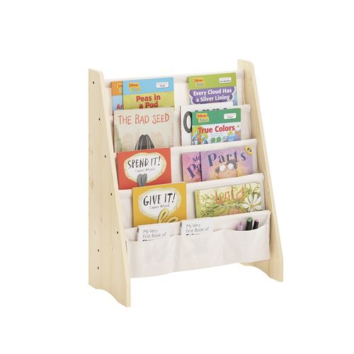Bibliothèque Enfant 4 Compartiments Et 3 Poches, Étagère De Rangement 63x28x76 Cm