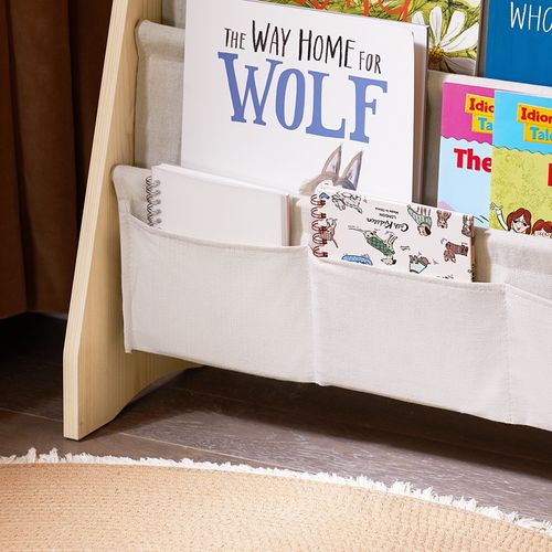 Bibliothèque Enfant 4 Compartiments Et 3 Poches, Étagère De Rangement 63x28x76 Cm