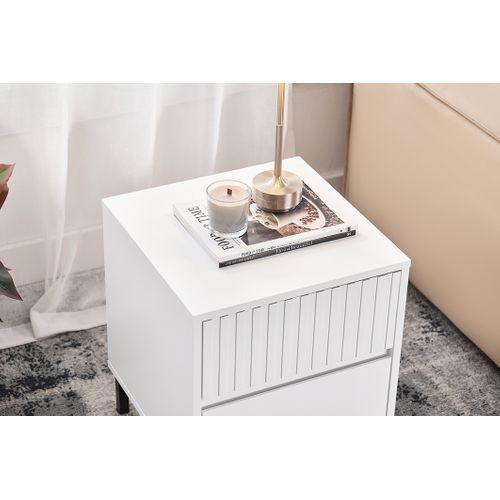 Bout De Canapé 2 Tiroirs, Pieds Métal, Blanc, 40 X 40 X 48 Cm, Pour Salon, Chambre Ou Bureau
