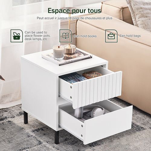 Bout De Canapé 2 Tiroirs, Pieds Métal, Blanc, 40 X 40 X 48 Cm, Pour Salon, Chambre Ou Bureau