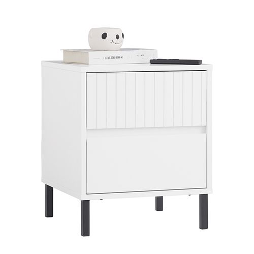 Bout De Canapé 2 Tiroirs, Pieds Métal, Blanc, 40 X 40 X 48 Cm, Pour Salon, Chambre Ou Bureau