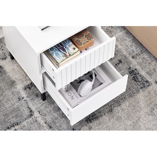 Bout De Canapé 2 Tiroirs, Pieds Métal, Blanc, 40 X 40 X 48 Cm, Pour Salon, Chambre Ou Bureau