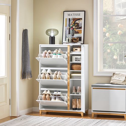 Meuble à Chaussures Avec 3 Abattants Et 1 Porte, Rangement Pratique, 80x34x122 Cm, Pour L'entrée.