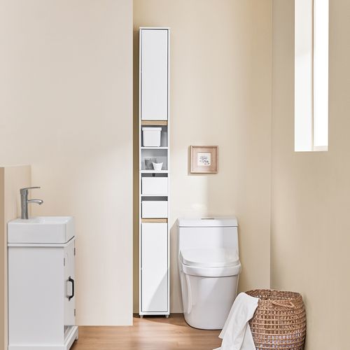 Sobuy Armoire De Salle De Bain Compacte Avec Étagère Réglable Et Tiroir En Bois Blanc
