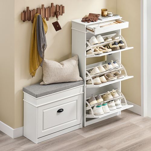 Armoire à Chaussures 3 Abattants, Effet Bois Vieilli Blanc