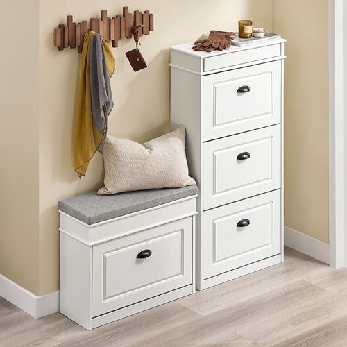 Armoire à Chaussures 3 Abattants, Effet Bois Vieilli Blanc