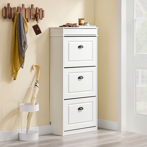 Armoire à Chaussures 3 Abattants, Effet Bois Vieilli Blanc