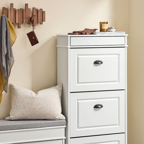 Armoire à Chaussures 3 Abattants, Effet Bois Vieilli Blanc