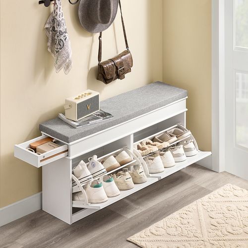 Banc Rangement Chaussures 2 Abattants Avec Coussin Amovible Effet Bois Vieilli Blanc