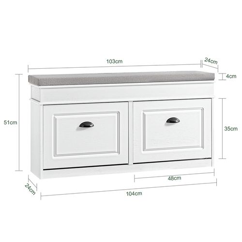 Banc Rangement Chaussures 2 Abattants Avec Coussin Amovible Effet Bois Vieilli Blanc