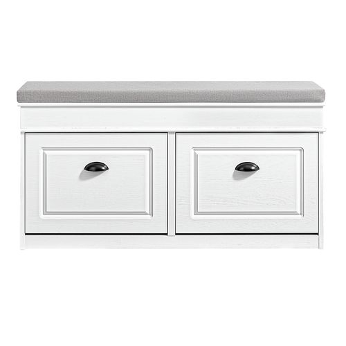 Banc Rangement Chaussures 2 Abattants Avec Coussin Amovible Effet Bois Vieilli Blanc