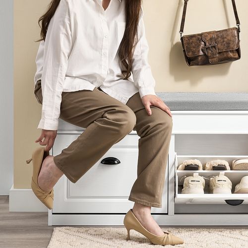 Banc Rangement Chaussures 2 Abattants Avec Coussin Amovible Effet Bois Vieilli Blanc