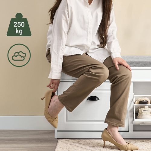 Banc Rangement Chaussures 2 Abattants Avec Coussin Amovible Effet Bois Vieilli Blanc