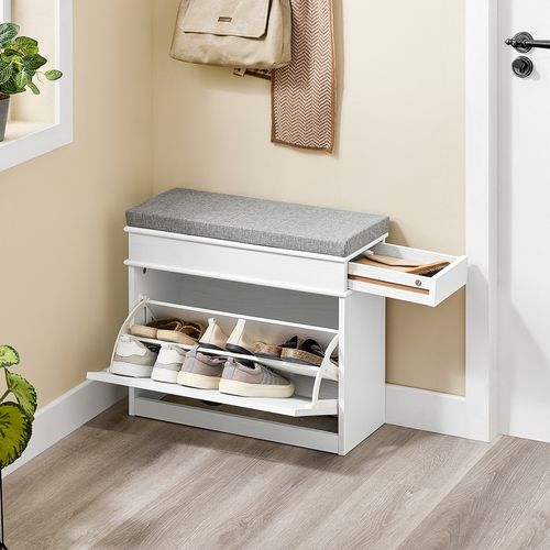 Banc D'entrée Avec Rangement à Abattant, Blanc Bois Vieilli, 61x24x51cm