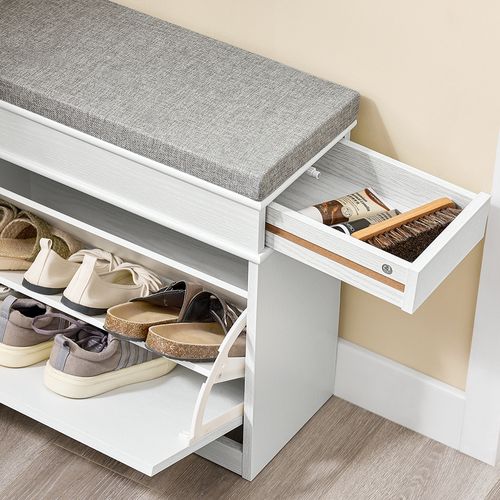 Banc D'entrée Avec Rangement à Abattant, Blanc Bois Vieilli, 61x24x51cm