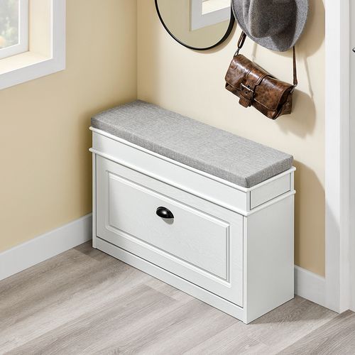 Banc D'entrée Avec Rangement Abattant à Effet Bois Vieilli Blanc