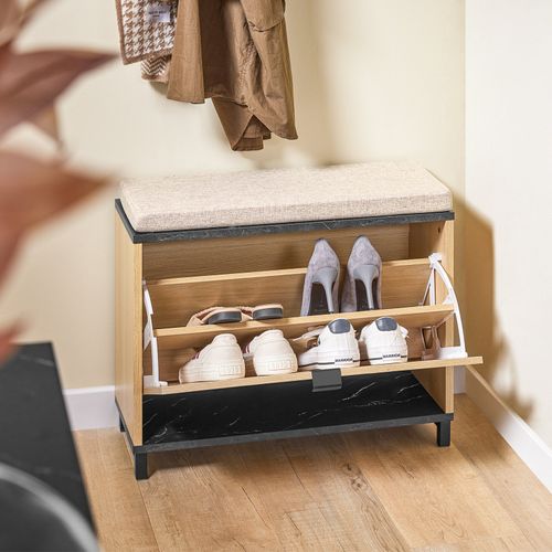 Banc à Chaussures Rembourré Avec Rangement Rabattable - Noir Et Bois Clair