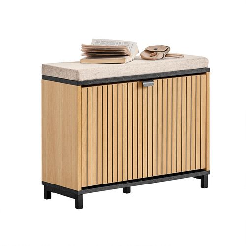 Banc à Chaussures Rembourré Avec Rangement Rabattable - Noir Et Bois Clair