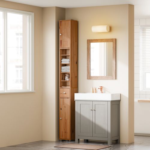 Colonne Salle De Bain En Bois, Armoire Étroite Avec Tiroir Et Étagères Réglables