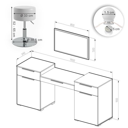 Coiffeuse Lilli 28870 Blanc 190cm Avec Éclairage LED Et Tabouret