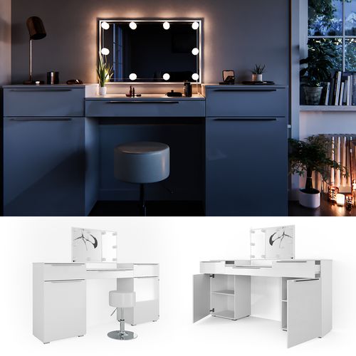 Coiffeuse Lilli 28870 Blanc 190cm Avec Éclairage LED Et Tabouret