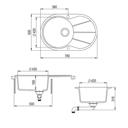 Évier  29493 Béton 78x50cm Rond Avec Emplacement De Séchage