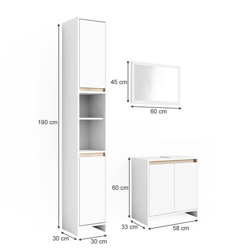 Meubles Bain Emma 29825 Blanc/sonoma 3 Pièces, Avec Armoire Haute