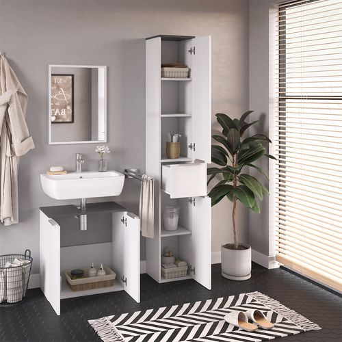 Meubles Bain Otis 30129 Blanc 3 Pièces, Avec Armoire Haute
