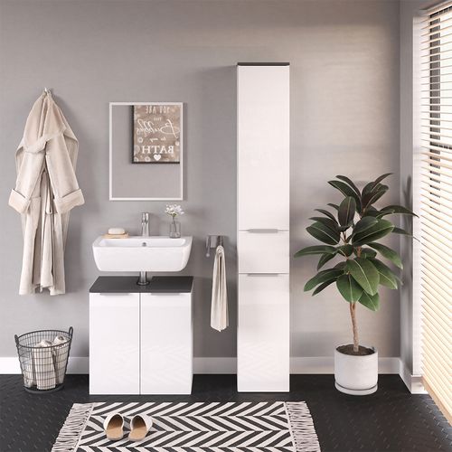 Meubles Bain Otis 30129 Blanc 3 Pièces, Avec Armoire Haute