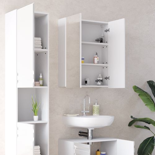 Meubles Bain Fredd 30429 Blanc Haute Brillance 3 Pièces, Avec Armoire Haute
