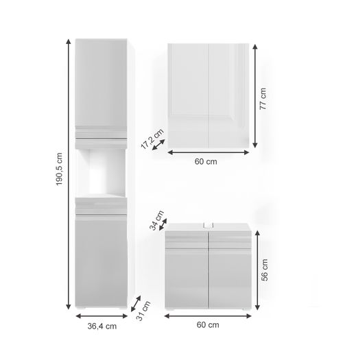 Meubles Bain Fredd 30429 Blanc Haute Brillance 3 Pièces, Avec Armoire Haute