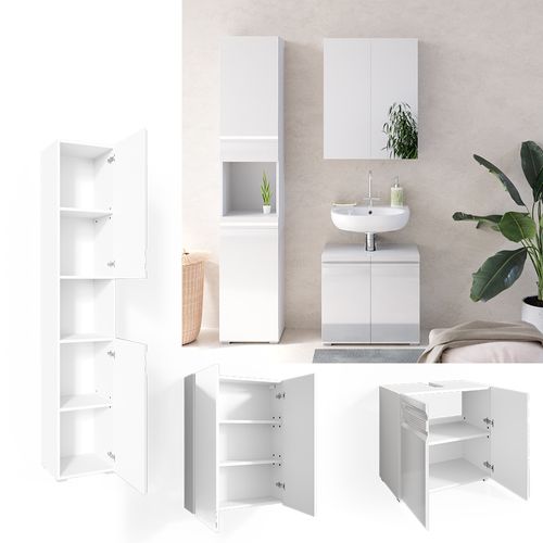 Meubles Bain Fredd 30429 Blanc Haute Brillance 3 Pièces, Avec Armoire Haute