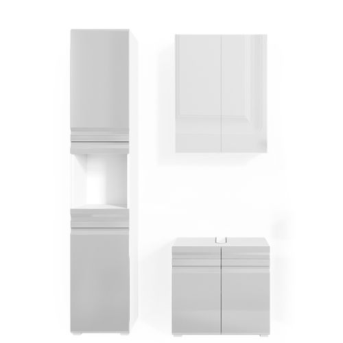 Meubles Bain Fredd 30429 Blanc Haute Brillance 3 Pièces, Avec Armoire Haute