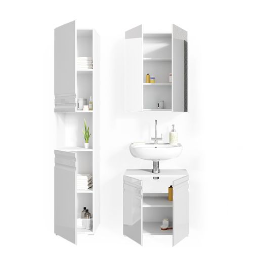 Meubles Bain Fredd 30429 Blanc Haute Brillance 3 Pièces, Avec Armoire Haute