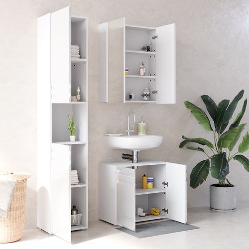 Meubles Bain Fredd 30429 Blanc Haute Brillance 3 Pièces, Avec Armoire Haute