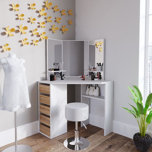 Coiffeuse Dangle Arielle, Blanc/sonoma, 110cm Avec Tabouret