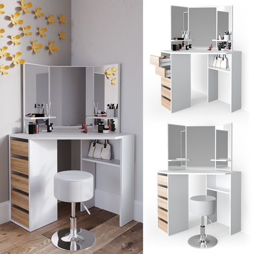 Coiffeuse Dangle Arielle, Blanc/sonoma, 110cm Avec Tabouret