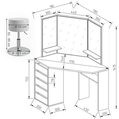 Coiffeuse Dangle Arielle, Blanc/sonoma, 110cm Avec Tabouret