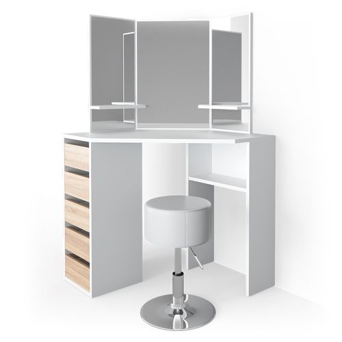 Coiffeuse Dangle Arielle, Blanc/sonoma, 110cm Avec Tabouret