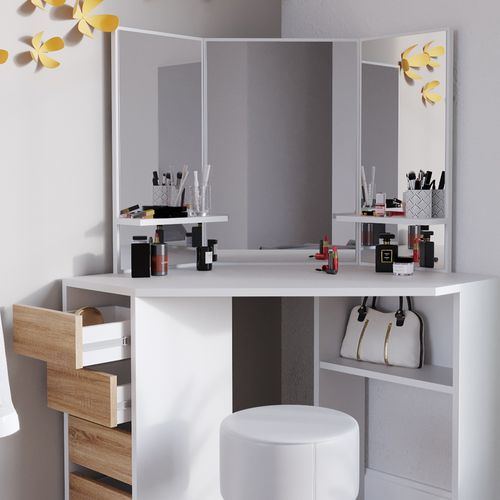Coiffeuse Dangle Arielle, Blanc/sonoma, 110cm Avec Tabouret