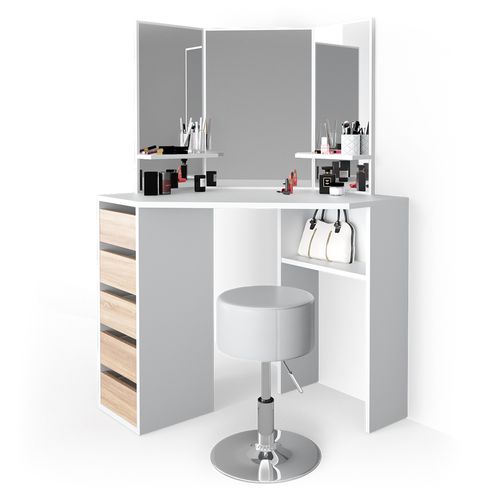 Coiffeuse Dangle Arielle, Blanc/sonoma, 110cm Avec Tabouret