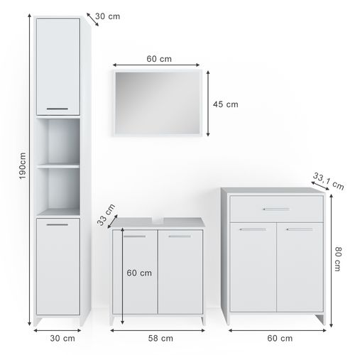 Meubles Bain Kiko 32725 Blanc 4 Pièces, Avec Armoire Haute Et Commode