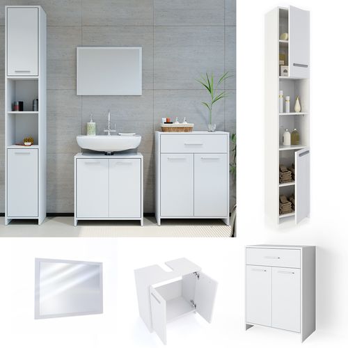 Meubles Bain Kiko 32725 Blanc 4 Pièces, Avec Armoire Haute Et Commode