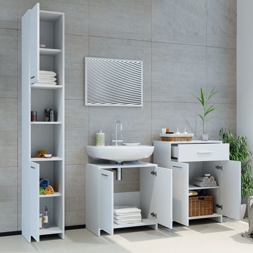 Meubles Bain Kiko 32725 Blanc 4 Pièces, Avec Armoire Haute Et Commode