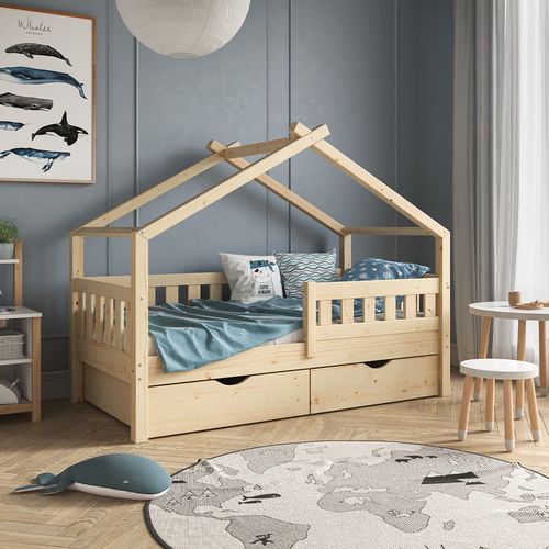 Lit Cabane Design, Marron, 80x160 Cm Avec 2 Tiroirs