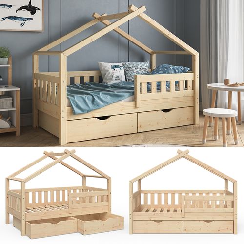Lit Cabane Design, Marron, 80x160 Cm Avec 2 Tiroirs