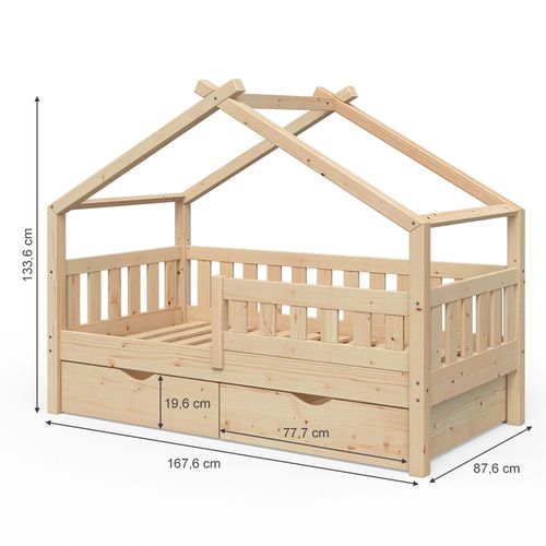 Lit Cabane Design, Marron, 80x160 Cm Avec 2 Tiroirs