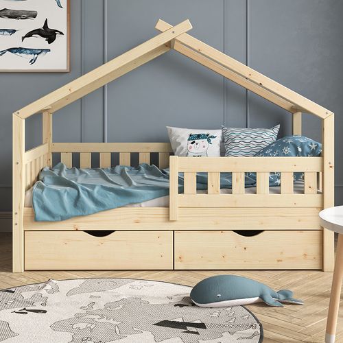 Lit Cabane Design, Marron, 80x160 Cm Avec 2 Tiroirs